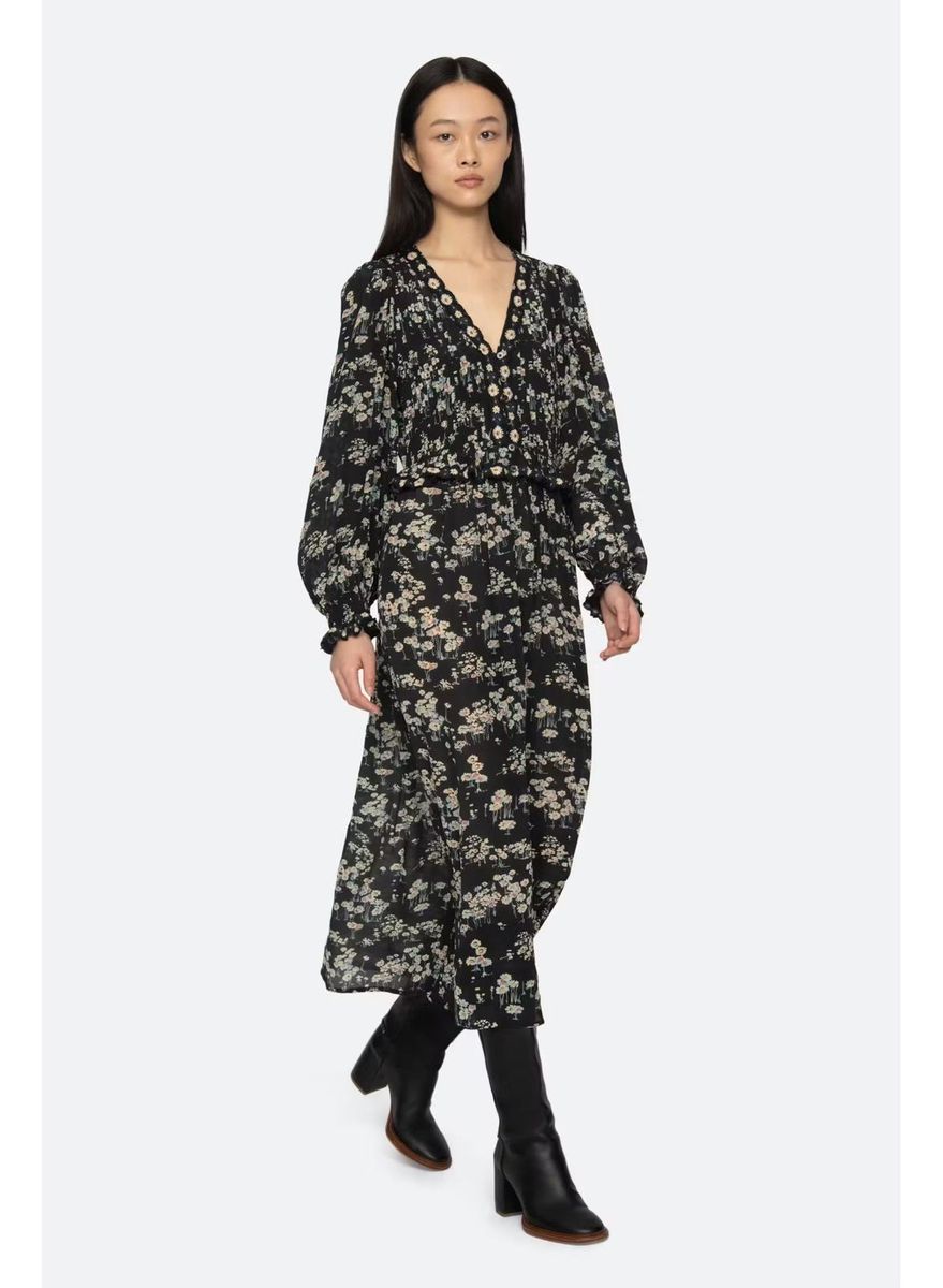 Mona dress print vneck midi - Black - Sea New York